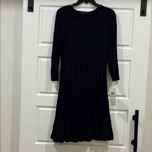 Nina Leonard Navy Pleated Scoop Neck Long Sleeve Dress